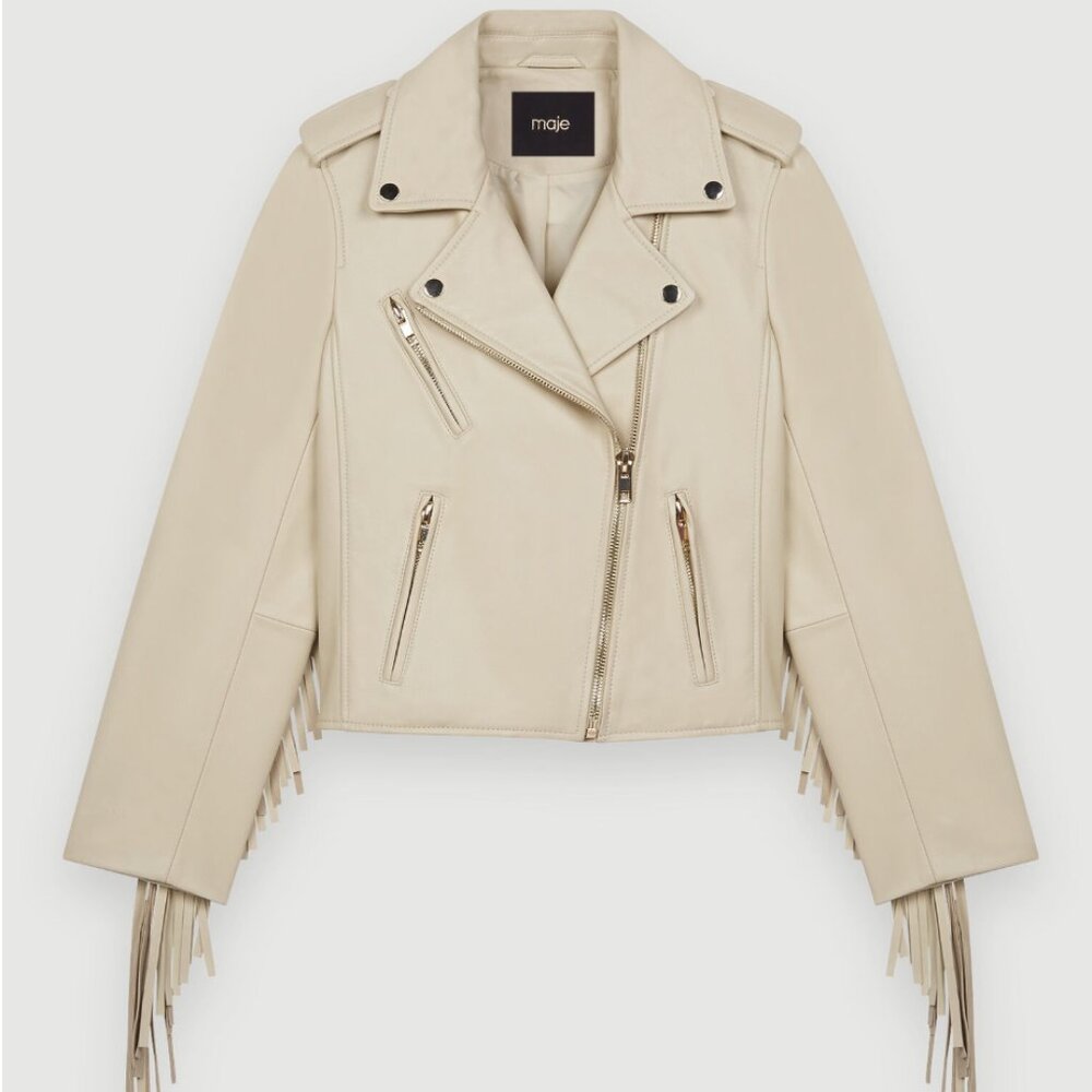 Maje Bexol Fringe Sleeve Leather Jacket